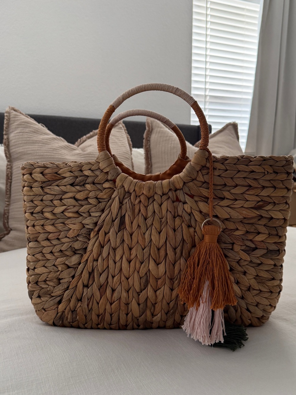 a new day Natural Brown Woven Straw Tote with Tassel Accent